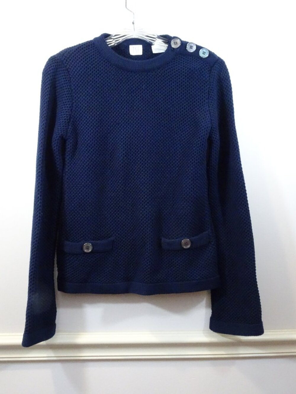 Tse Blue Knit Cotton Sweater Size Extra Small Made in Italy Pockets Buttons